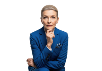 Thoughtful mature woman in blue suit posing for portrait with hand on chin headshot isolated on transparent background
