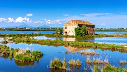 Fototapeta premium A tranquil, sunlit landscape showcasing a weathered stone building nestled amongst calm, reflective waters and verdant marsh grasses.