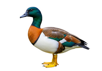 Obraz premium A vibrant multicolored duck, showcasing a striking array of colors and patterns against a stark black background, presents a captivating wildlife image.