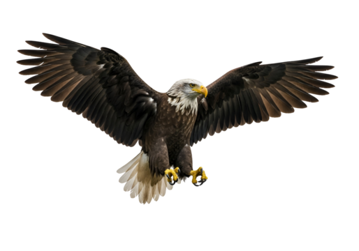 A majestic bald eagle soars against a stark black backdrop, its wings outstretched in a powerful display of flight.
