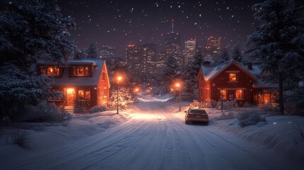 Snowy Night, Cozy Cabins, City Lights