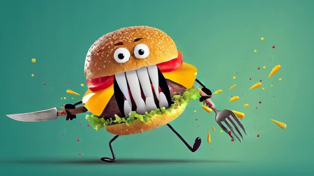 Animated burger character with expressive eyes and mouth, brandishing a knife and fork, energetically charging forward, showcasing a playful and humorous food adventure in vibrant colors and dynamic m