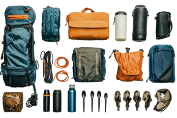 Camping gear and survival equipment laid out on white. Backpack, bags, ropes, bottles, and utensils arranged in collection. Outdoor gear displayed for hiking, adventure, and travel themes.