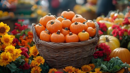 Market scene with a basket full of baby pumpkins displayed alongside other autumn vegetables surrounded by vibrant flowers and busy shoppers enjoying the festive fall atmosphere