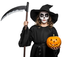 Obraz premium Child in Grim Reaper Costume with Pumpkin isolated on transparent background