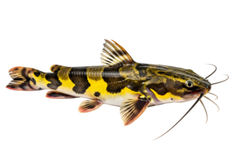 A vividly colored fish with intricate patterns and striking details is presented against a stark black backdrop.