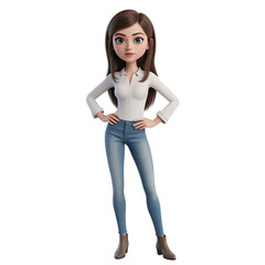 Fototapeta premium 3D animated character of a confident young woman in a white shirt and jeans Isolated on transparent background