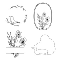 手書き線画の可愛いフレーム・装飾枠・アヒル・鳥・お花