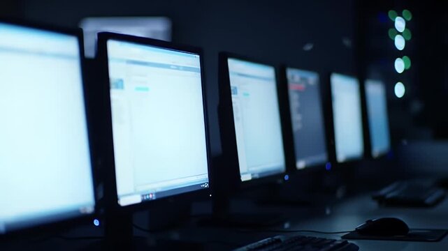 Row of Computer Monitors in Dark Room Featuring Technological Equipment and Accessories