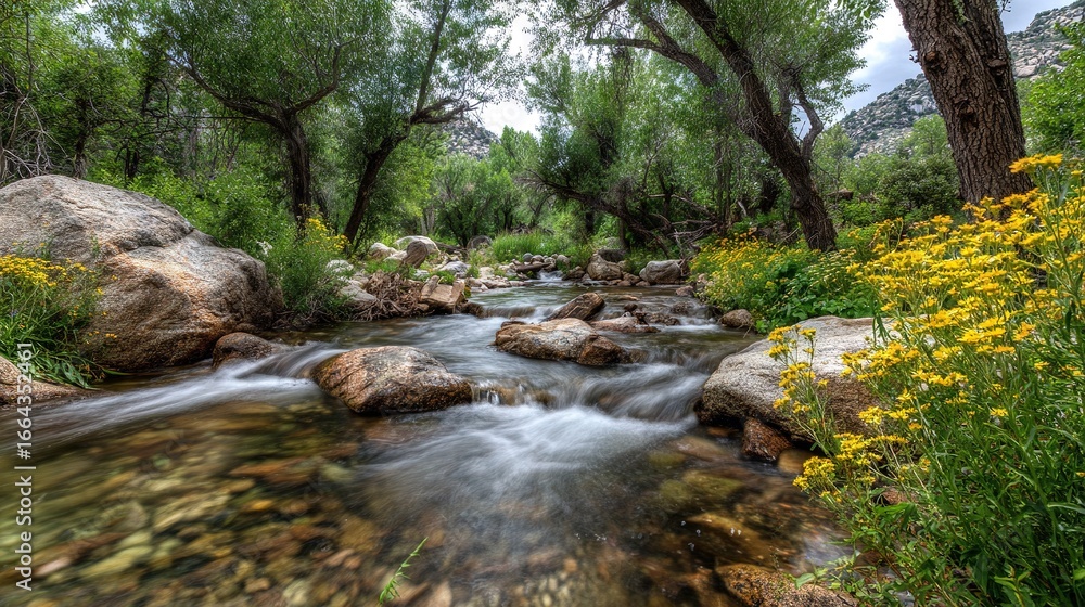 Poster a lush green forest with a yellow foreground filled with rocks and a stream running through it