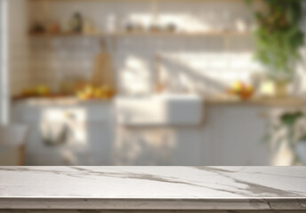 Empty marble top table with blurred kitchen interior Background. for product display.