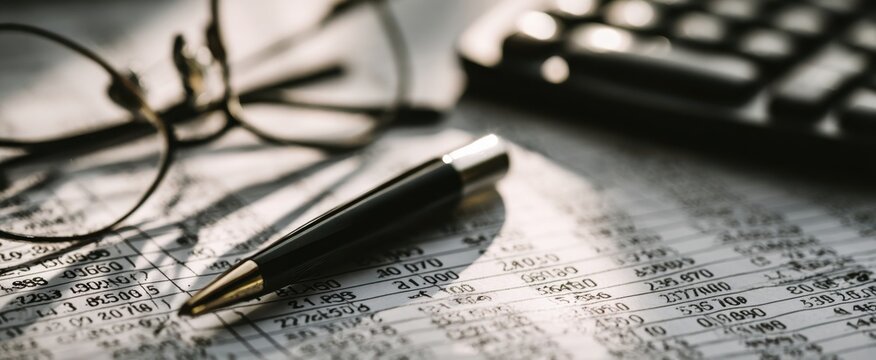 The Pen on a Financial Spreadsheet Beside Glasses and a Calculator in Soft Light
