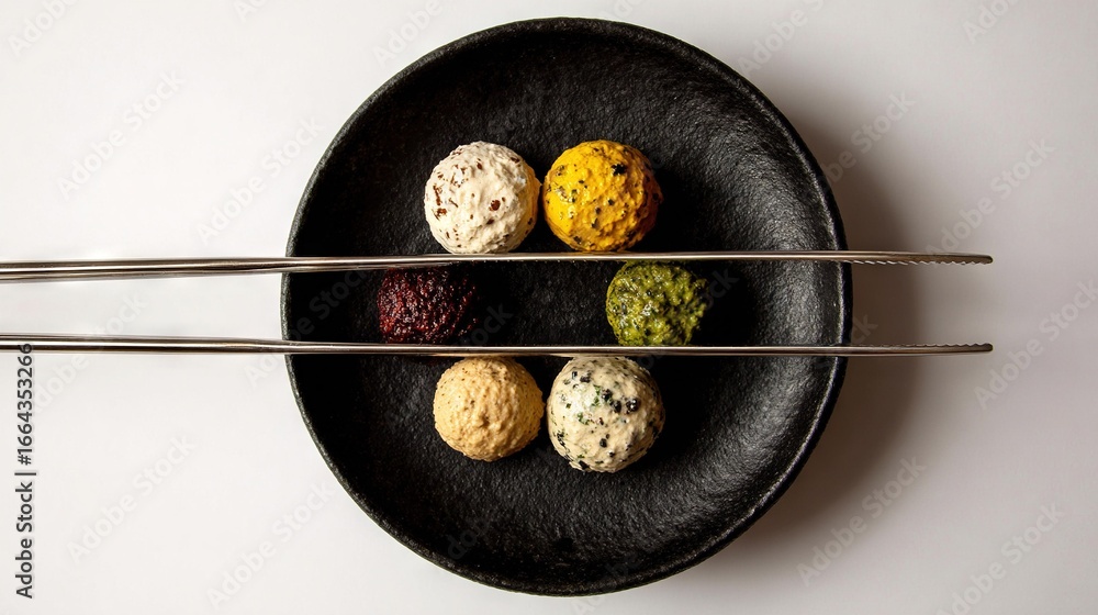 Aufkleber an image showing a black plate with various macaroni and cheese balls arranged neatly alongside tong