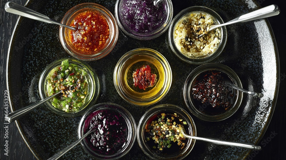 Poster a platter adorned with four distinct condiment bowls and aligned spoons on a tabletop