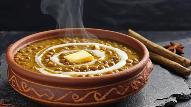 Dal makhani (kali dal) Indian recipe on a warm background video. Lentils in a creamy and aromatic sauce made of butter, tomato sauce, and a blend of spices.