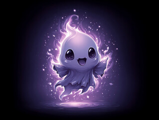 Cute happy ghost character with big eyes and glowing purple aura floating on a black background. Fantasy cartoon illustration for Halloween and games