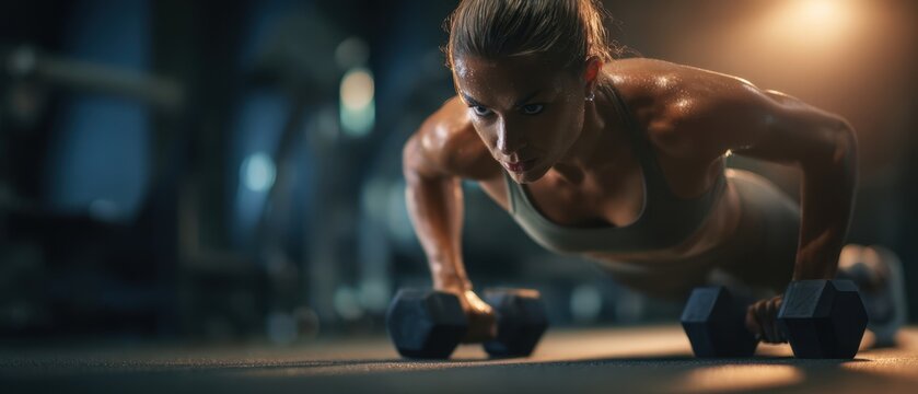 The Woman Performing Dumbbell Pushups in a Dimly Lit Gym
