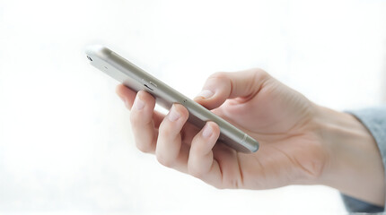 Close up of hand holding and using a mobile smart phone in a bright modern office with technology