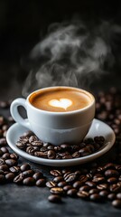 Fototapeta premium Steaming cup of coffee with latte art surrounded by coffee beans