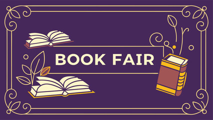 Elegant book fair banner invites readers to explore literary worlds with ornate design and open books