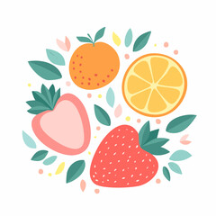 Collection of abstract fruit poster. Contemporary art print with hand drawn strawberry, lemon, peach and orange. 