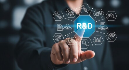 Modern research and development process displayed on an interactive virtual screen.