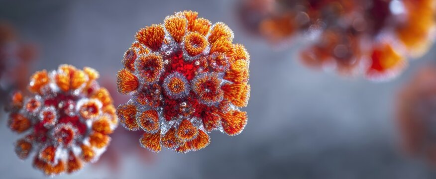 The Virus Particle Covered in Frosty Spikes Floating in a Soft Blue Background