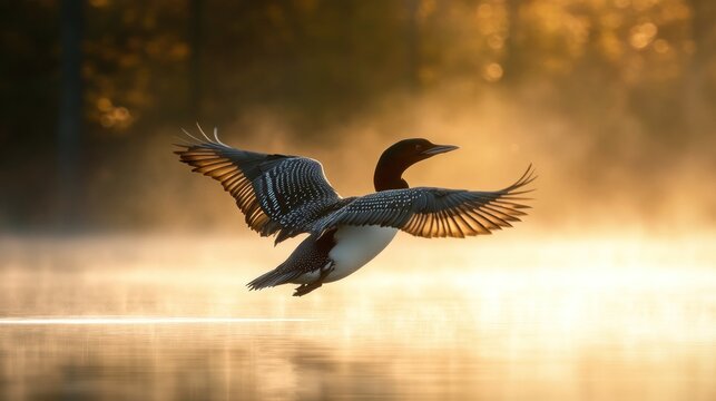 Common loon taking flight at sunrise over misty lake.