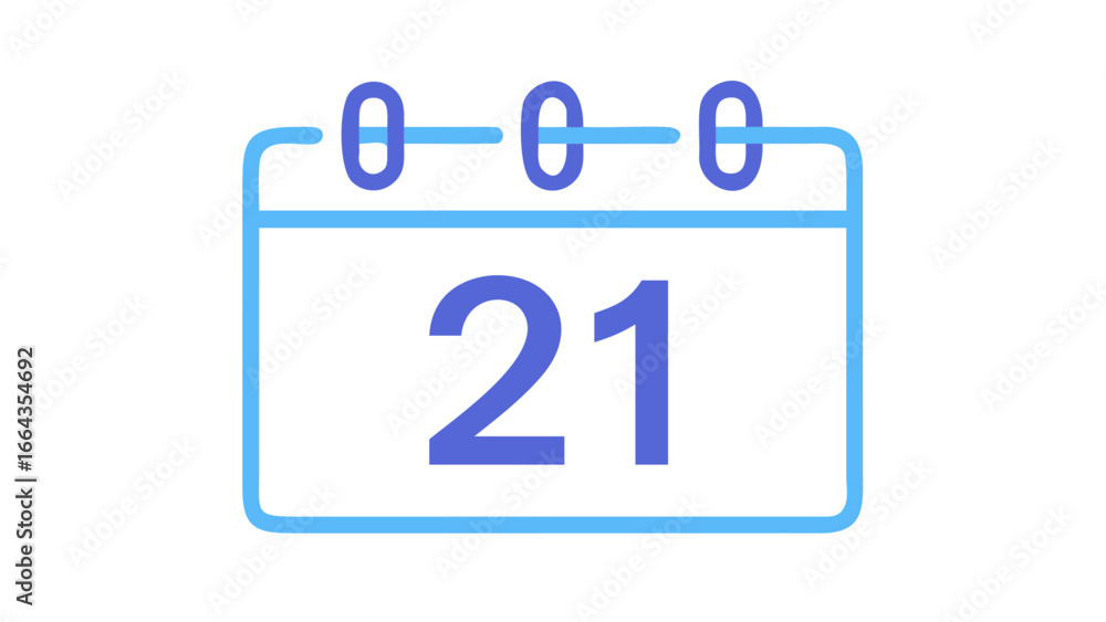Poster calendar page with the number 21 isolated on transparent background