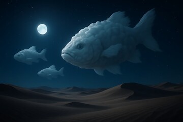 Luminescent jellyfish glide through the dark, moonlit ocean cloud fish