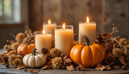 Warm glow of autumn pumpkins and lit candles create cozy harvest ambiance