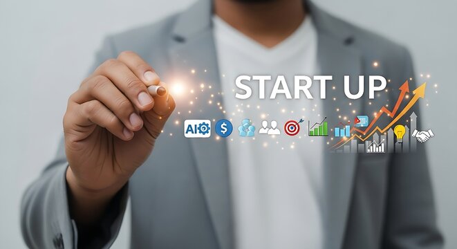A professional interacting with a holographic display of startup icons, representing business strategy and investment.