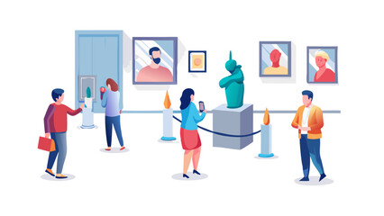 Fototapeta premium People admiring art and sculpture in a museum isolated on transparent background