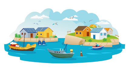 Obraz premium Coastal village with boats and houses isolated on transparent background