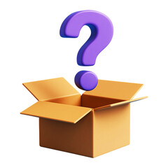 Mystery Box with Purple Question Mark – 3D Glossy Icon for Surprise or Help Concepts, Png, mystery box, question mark icon, 3d illustration, surprise concept, help symbol, unknown item, cardboard box.