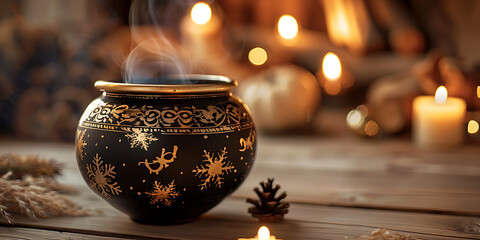 Mysterious steaming cauldron with ornate golden patterns on a rustic wooden table, illuminated by warm candlelight.