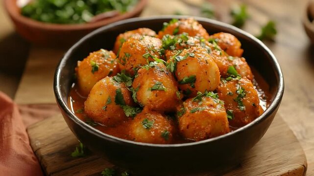 dum aloo indian recipe, potatoes cooked in curry, with warm background video