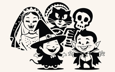 Cheerful Halloween illustration with a smiling witch, vampire, bride, cat, and skeleton. The black and white style adds a playful, nostalgic tone.