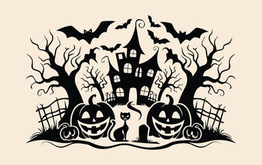 Silhouette of a haunted house with Halloween scene.
