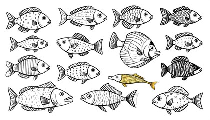 A collection of various fish illustrations in black and white, showcasing different shapes and patterns.