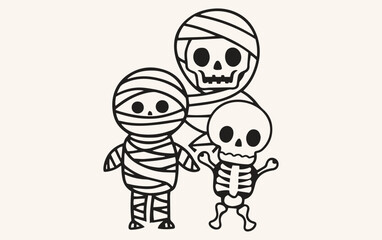 Three cute cartoon figures a mummy with wide eyes, a larger mummy with a skull face, and a smiling skeleton. The tone is playful and whimsical.