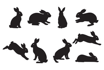 Set of bunny silhouette icons showing different movements and positions. Clean black design, suitable for logos, clipart, decorations, and animal-themed graphics