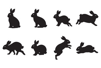 Set of bunny silhouette icons showing different movements and positions. Clean black design, suitable for logos, clipart, decorations, and animal-themed graphics