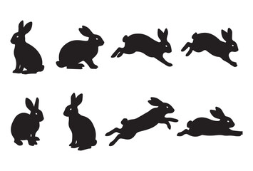 Set of bunny silhouette icons showing different movements and positions. Clean black design, suitable for logos, clipart, decorations, and animal-themed graphics