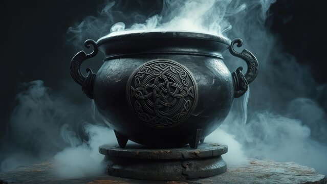 Enigmatic Cauldron with Celtic Knotwork, Billowing Mystical Smoke