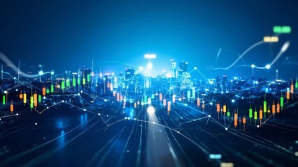 Financial Analysis and Stock Market Trends with a Dynamic Cityscape Background - Powered by Adobe