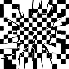 Black and white broken checkerboard, fragmented geometric distortion, SVG abstract background