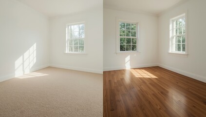 Obraz premium A bright, sunlit room showcasing a comparison between beige carpet and wood flooring.