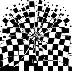 Black and white broken checkerboard, fragmented geometric distortion, SVG abstract background