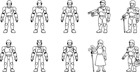 A collection of ten futuristic figures including armored guards and a woman with a cane in black and white